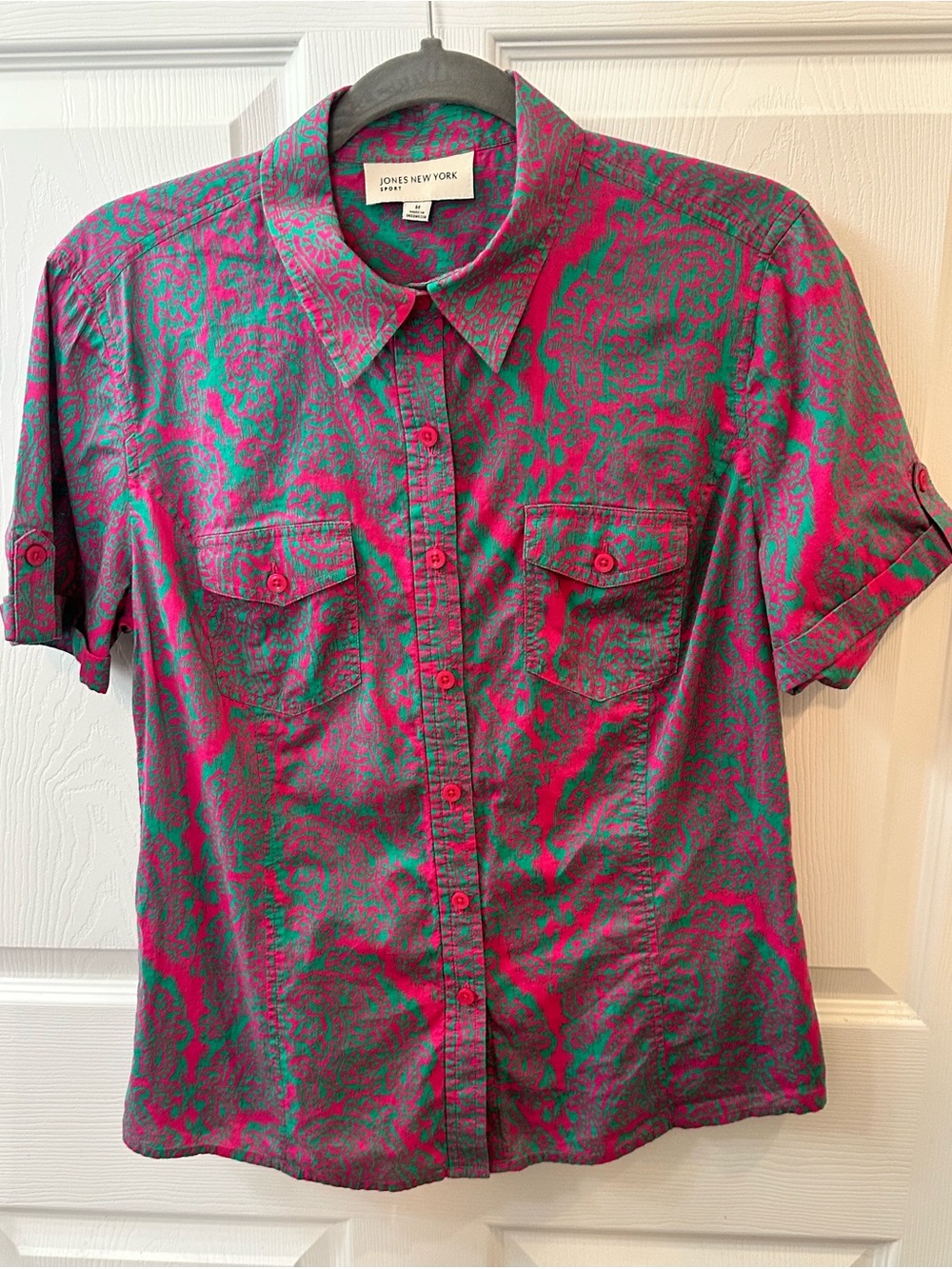 Jones New York Sport Short-Sleeve Button-Down Shirt in Pink & Teal Paisley